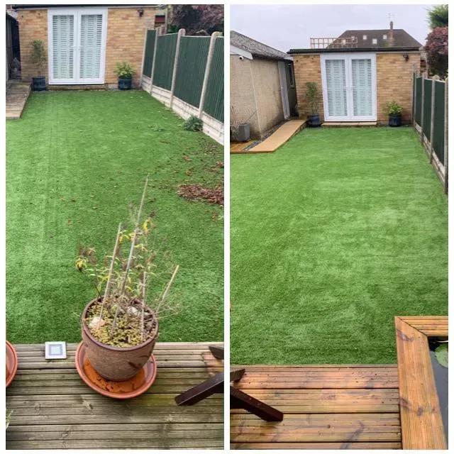 Before and after artificial grass cleaning in a small fenced garden