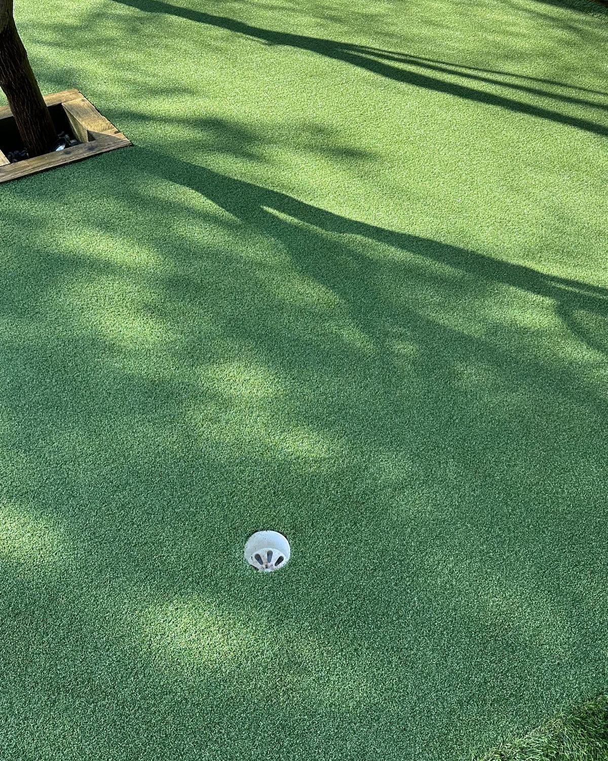 Artificial putting green close-up with golf hole cup and tree shadows