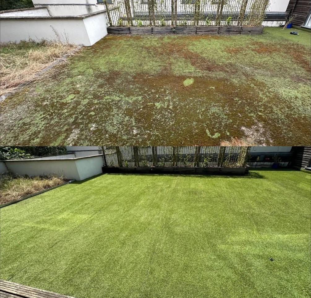 Before and after artificial grass cleaning showing moss removal and refreshed turf