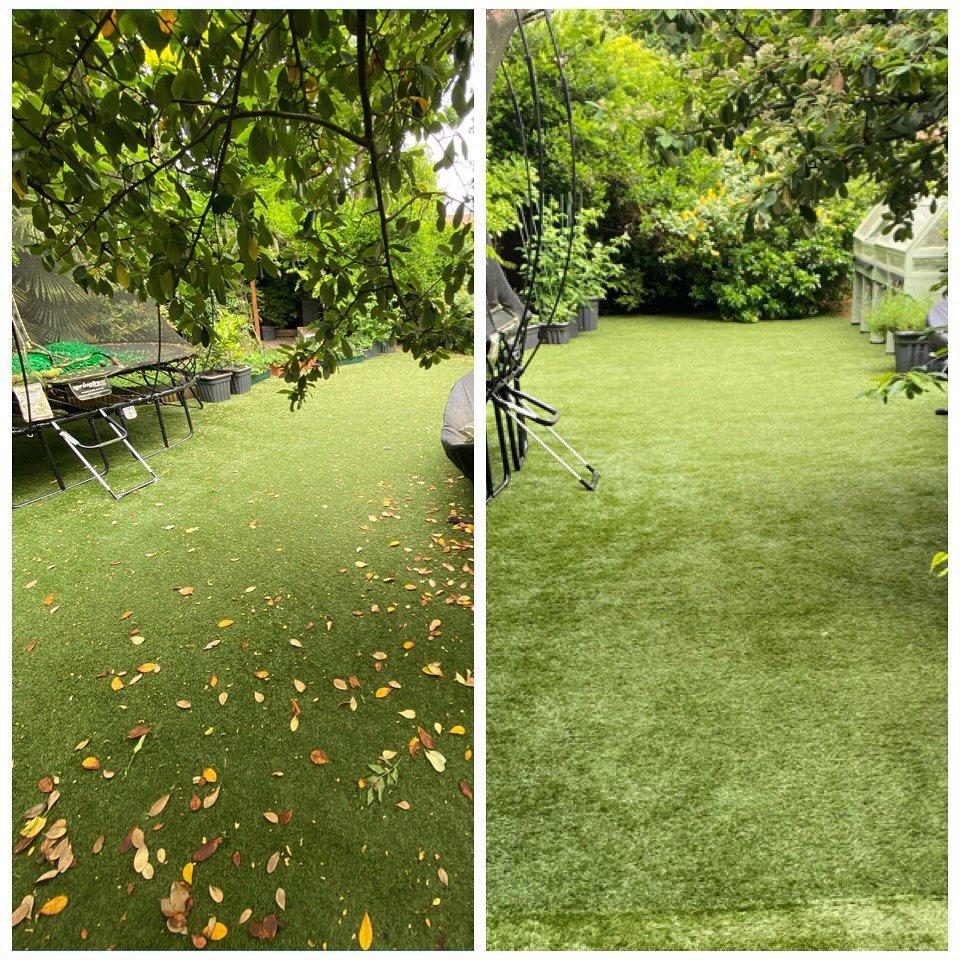 Before and after of artificial grass with fallen leaves removed and pile lifted