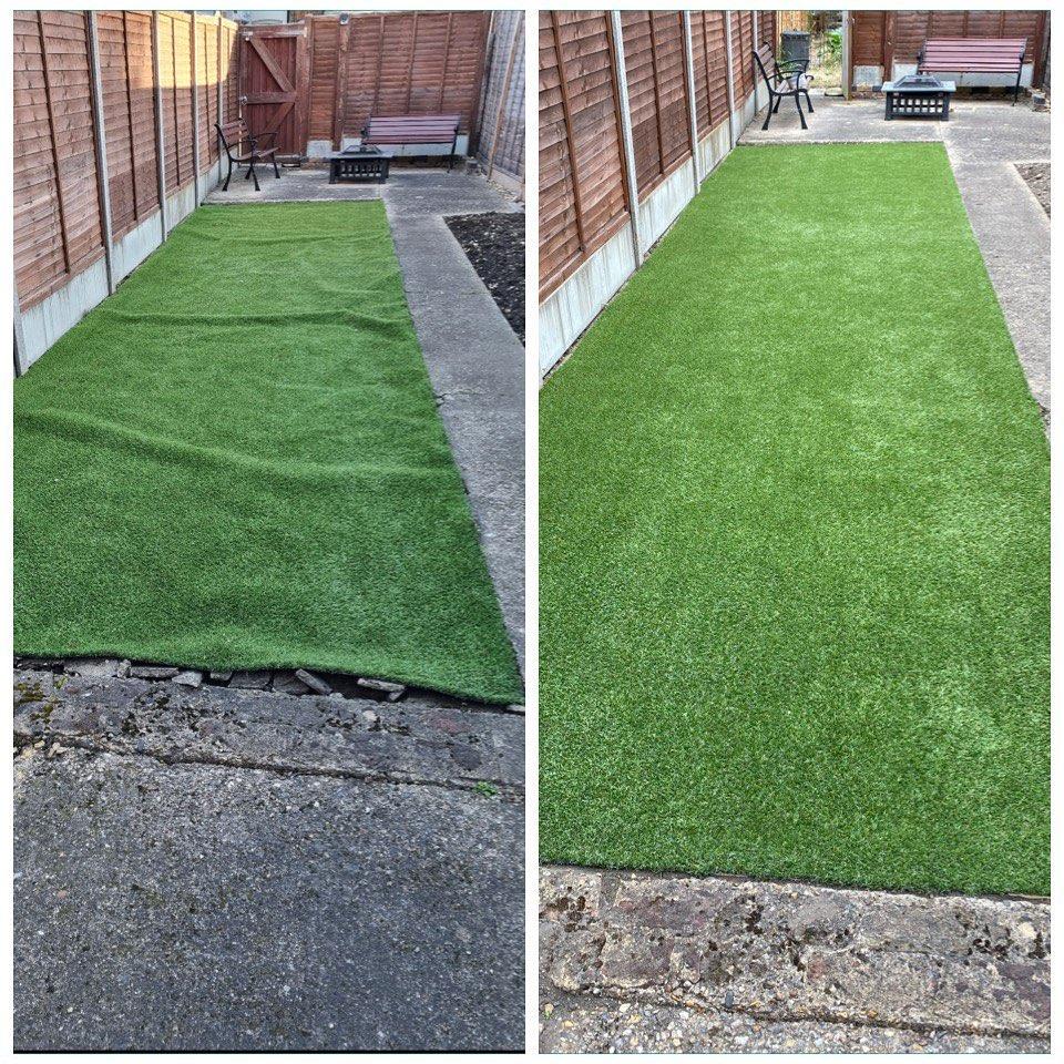 Before and after of a narrow artificial grass strip showing ripples flattened and surface brushed