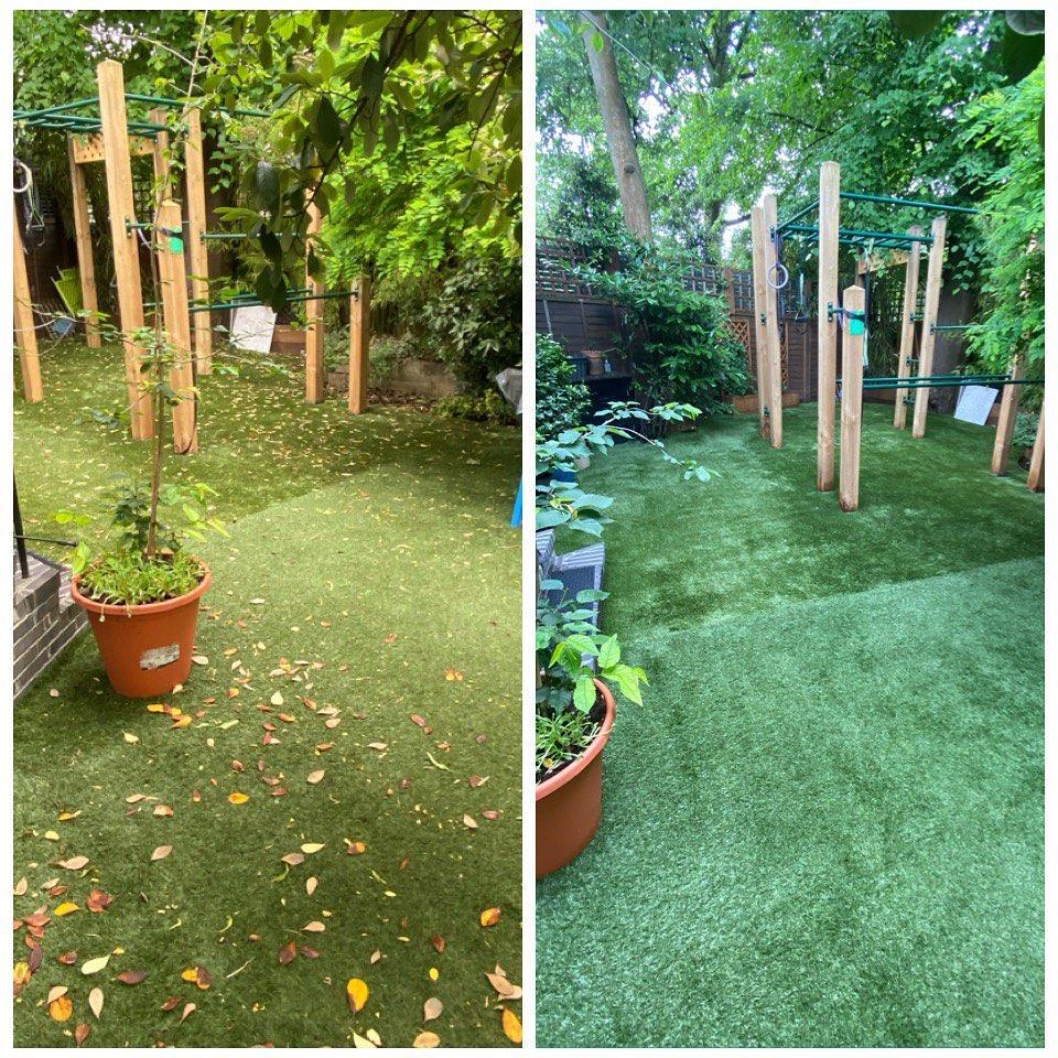 Before and after of artificial grass around timber posts with cleaner, more even finish