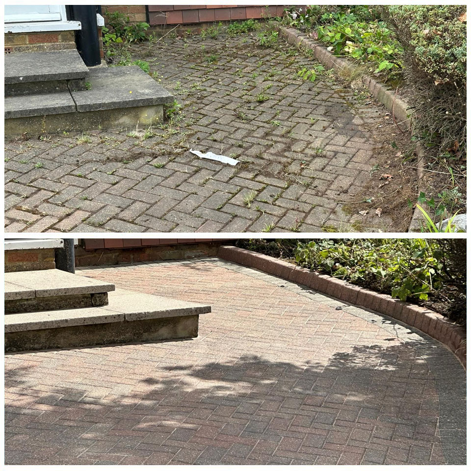 Before-and-after driveway path clean: block paving with weeds and staining cleaned back to a tidy, weed-free surface by the front steps.