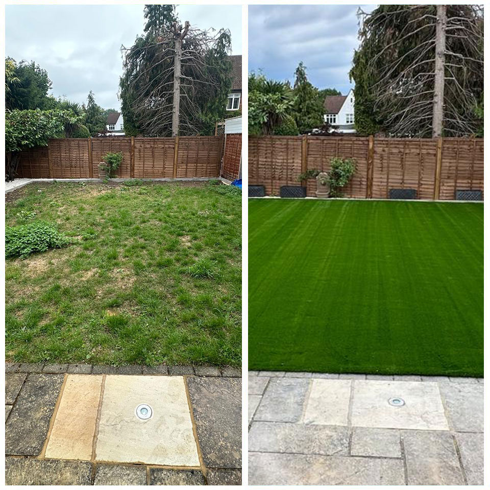 Before-and-after of a back garden: worn, bare lawn transformed into an even, bright green artificial grass surface viewed from the patio.