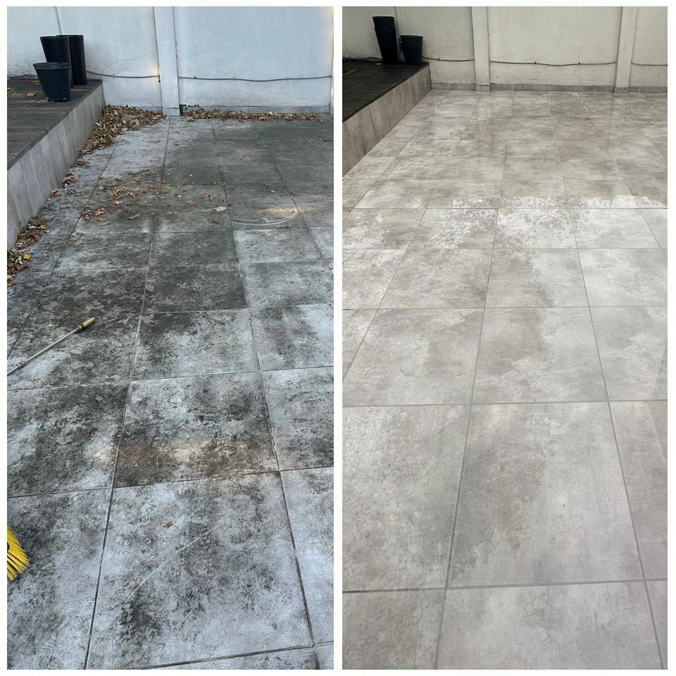 Before-and-after sandstone patio clean: green algae-stained paving slabs pressure washed to reveal the natural colour and cleaner joints.