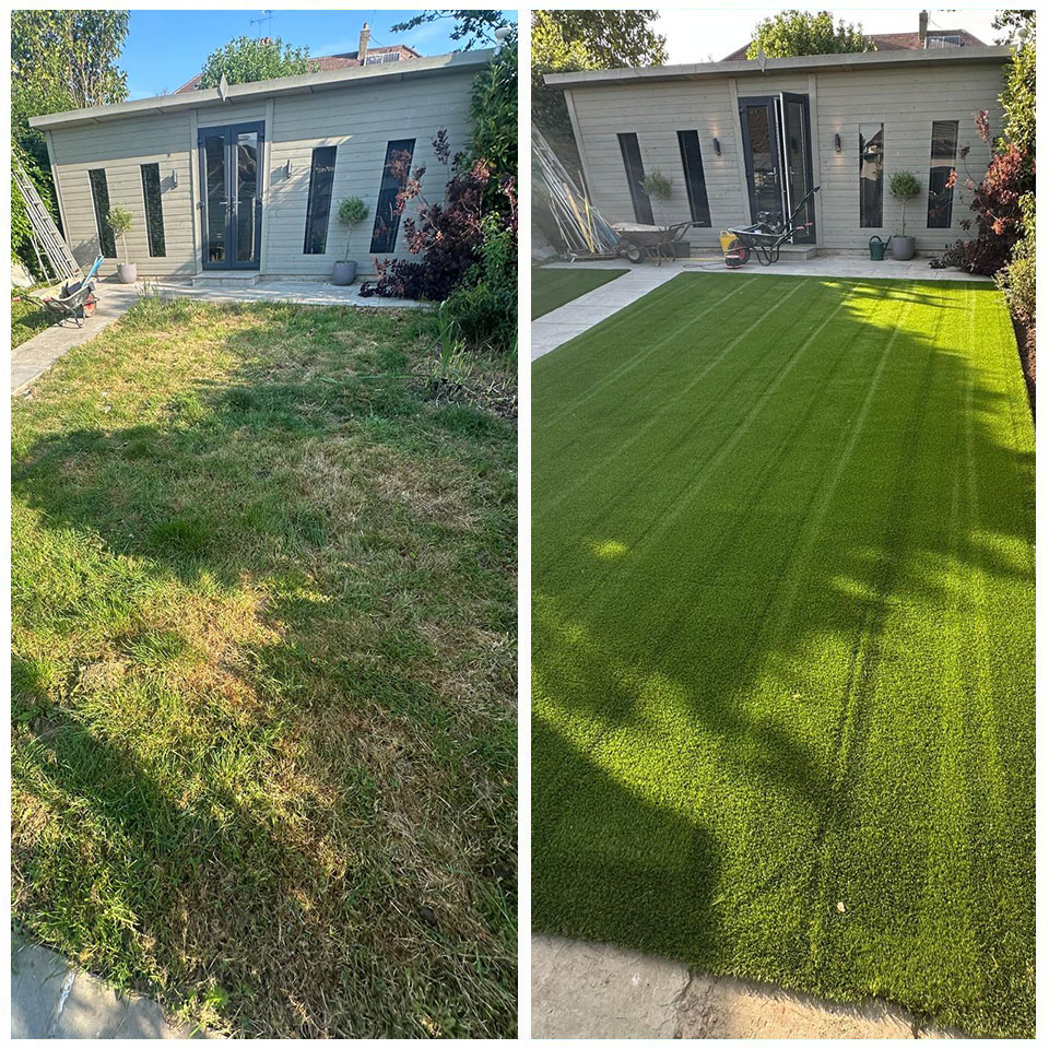 Before-and-after of a garden room lawn: dry, patchy grass replaced with freshly installed artificial turf with neat mowing stripes.