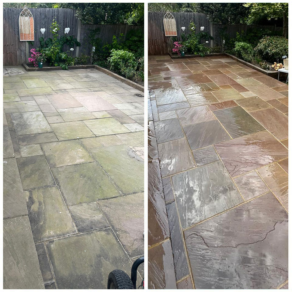 Before-and-after patio clean: dirty, weathered grey tiles restored to a brighter, cleaner finish after pressure washing.