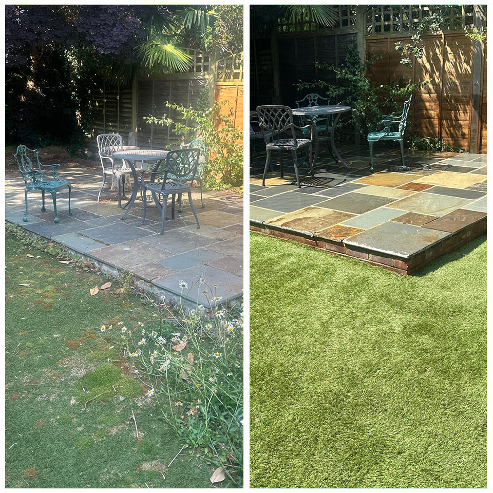 Before-and-after garden makeover: tired lawn around a seating patio replaced with clean artificial turf, creating a crisp edge around the paved area.