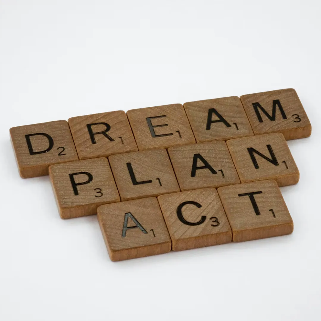 puzzle pieces spelling, dream, plan, act