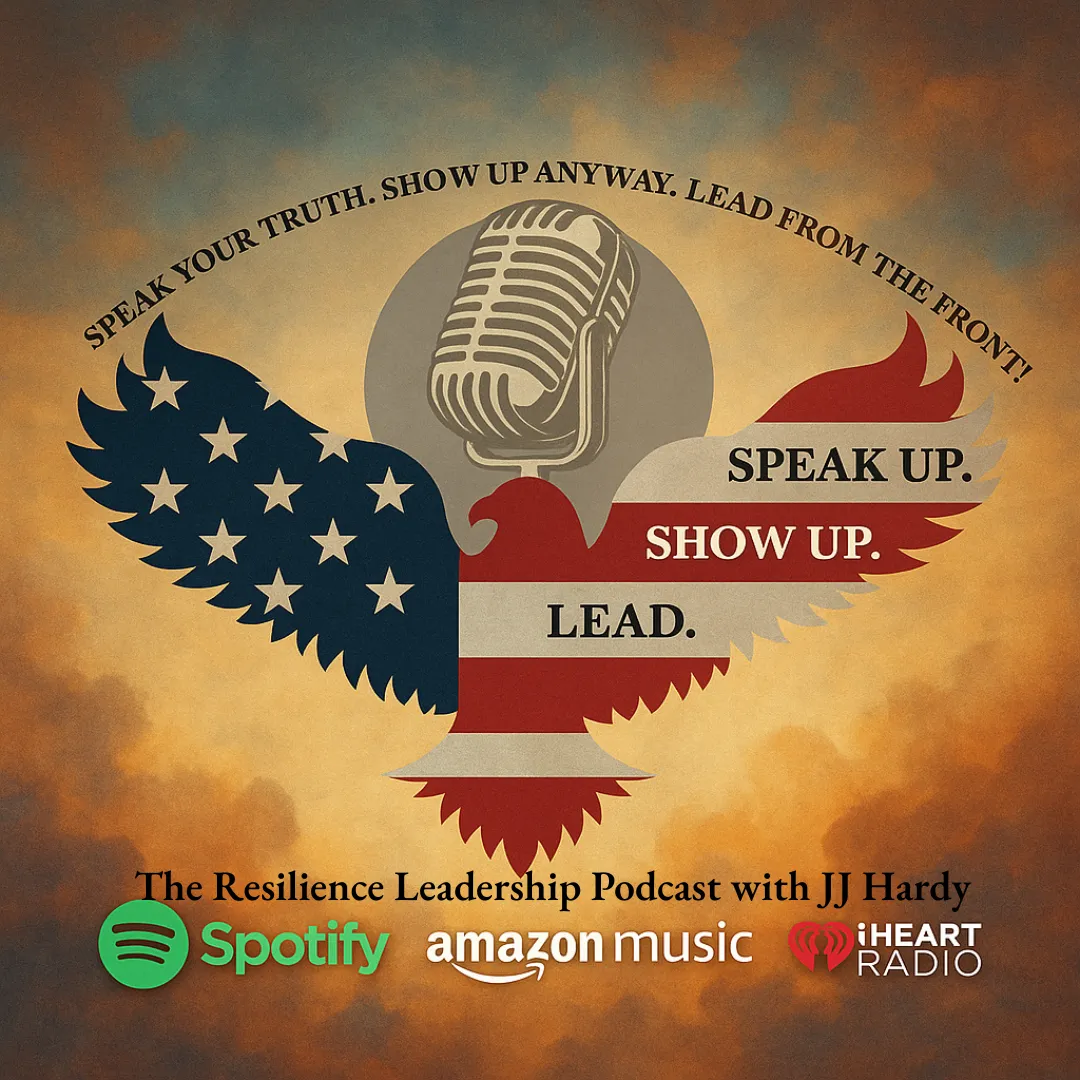 Podcast cover for "Leadership Isn’t Given—It’s Built" featuring JJ Hardy, host of Speak Up. Show Up. Lead. Podcast. The design includes bold text, a gritty leadership theme, and JJ Hardy's branding from Victory Leadership Coaching.