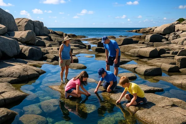 Family exploring tide pools at Halibut Point in Rockport, MA, discovering sea life among rocky formations along the North Shore coastline.