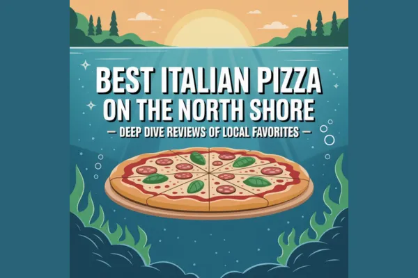  Illustration of a pizza with basil and pepperoni floating above ocean waves at sunset, representing North Shore Massachusetts pizza culture.