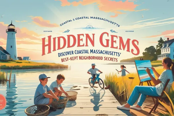 Scenic illustration of coastal Massachusetts with a lighthouse, children fishing and biking near a wooden dock, and sunset skies, with bold text that reads ‘Hidden Gems: Discover Coastal Massachusetts’ Best-Kept Neighborhood Secrets.