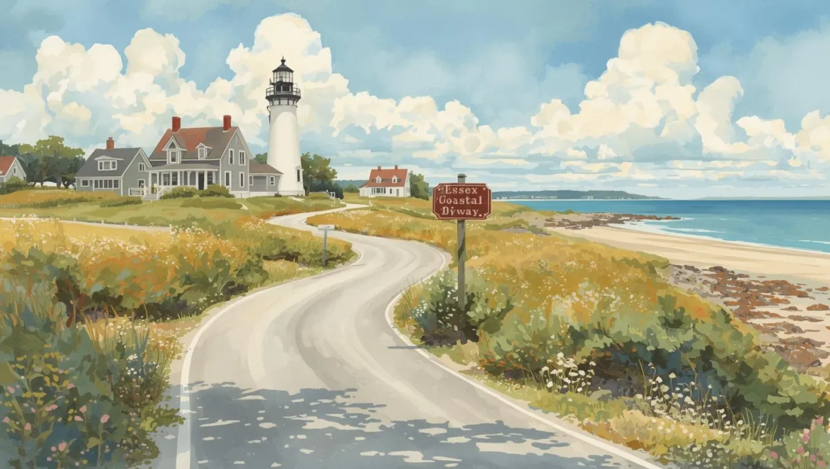 Scenic coastal road along the Essex Coastal Byway with wildflowers, a white lighthouse, and traditional New England homes overlooking the beach and ocean under a bright blue sky with fluffy clouds