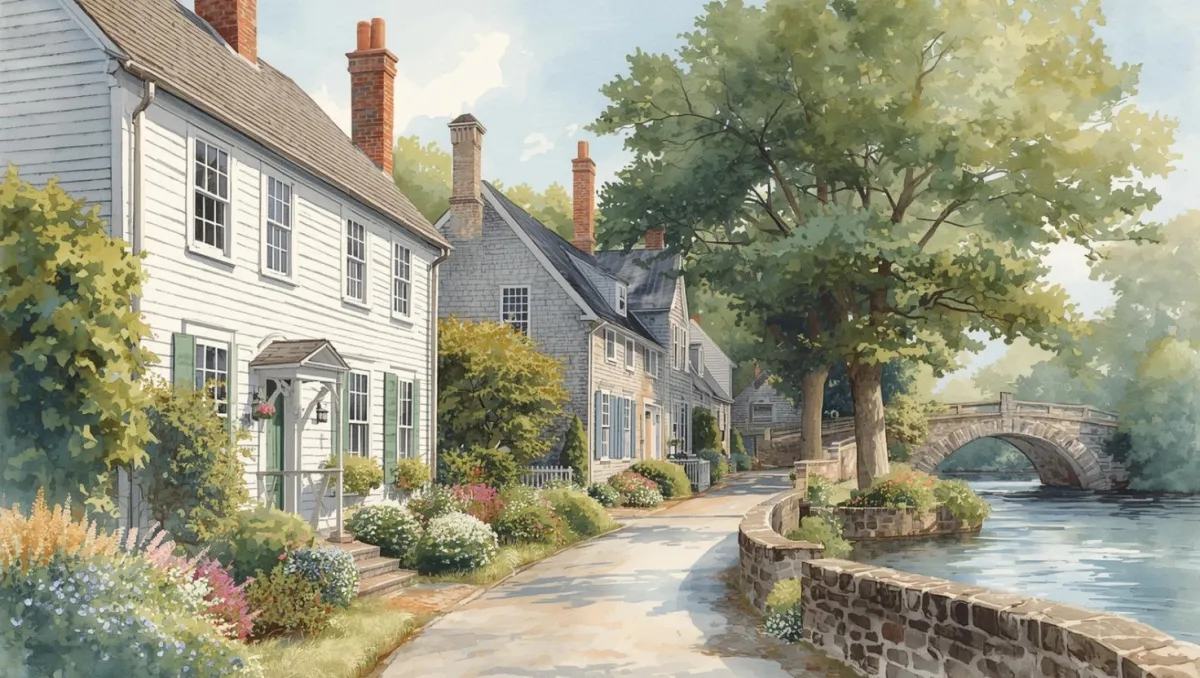 Charming historic homes along a tree-lined cobblestone street by a river, with colorful flower gardens and an arched stone bridge in the background, capturing the timeless beauty of New England’s North Shore.