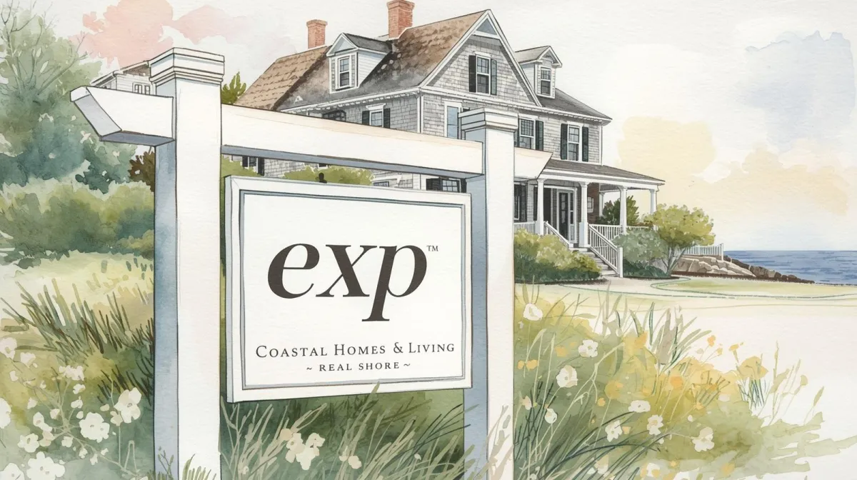 Watercolor illustration of a real estate sign reading “eXp - Coastal Homes & Living” in front of a charming coastal New England house with a pastel sky and lush greenery.