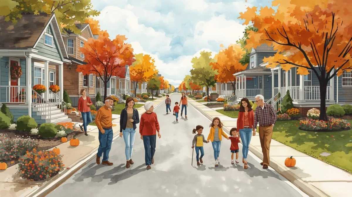A welcoming suburban street in autumn with colorful trees and people of all ages walking and talking in front of cozy homes decorated with pumpkins and fall flowers
