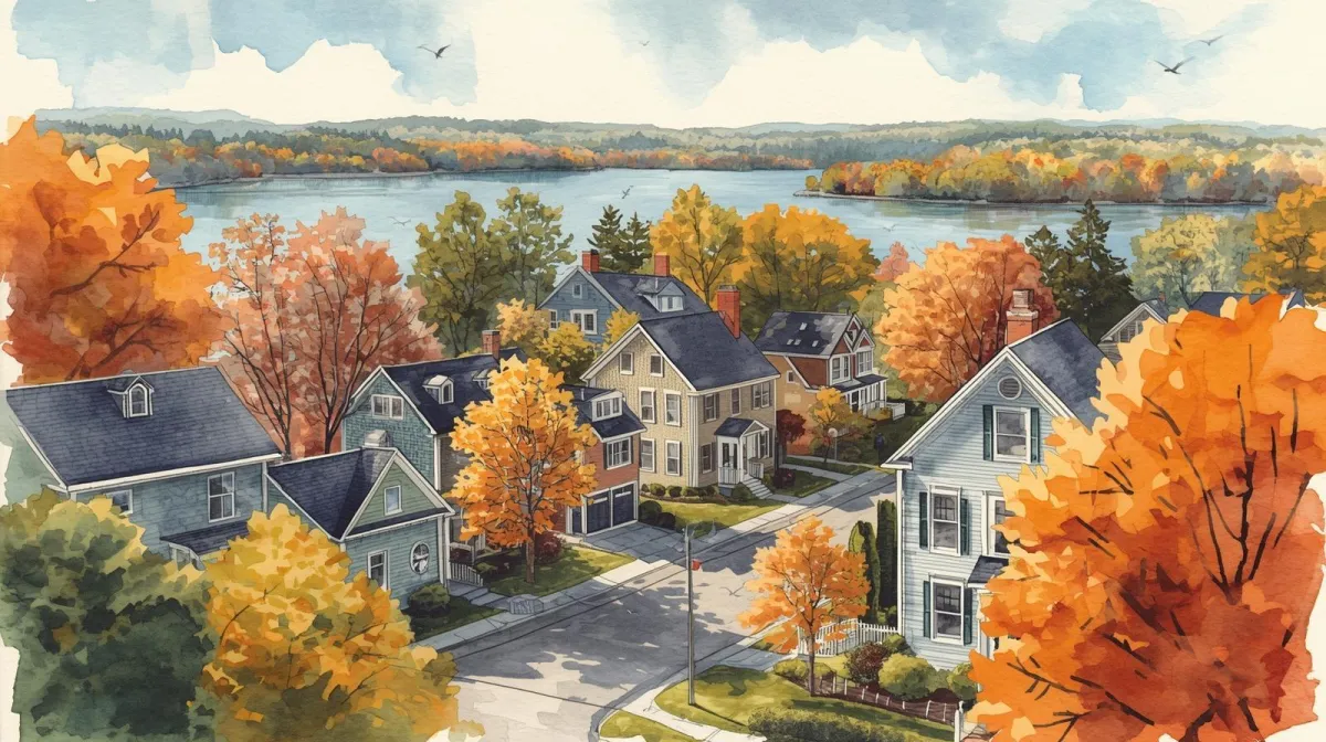 Paint a charming autumn scene of Beverly’s Ryal Side neighborhood—classic New England homes with welcoming porches, golden leaves on the trees, and gentle sunlight reflecting off a calm river nearby. Add subtle details like pumpkins by the doorstep and a child riding a bike to evoke that welcoming, cozy community feel.