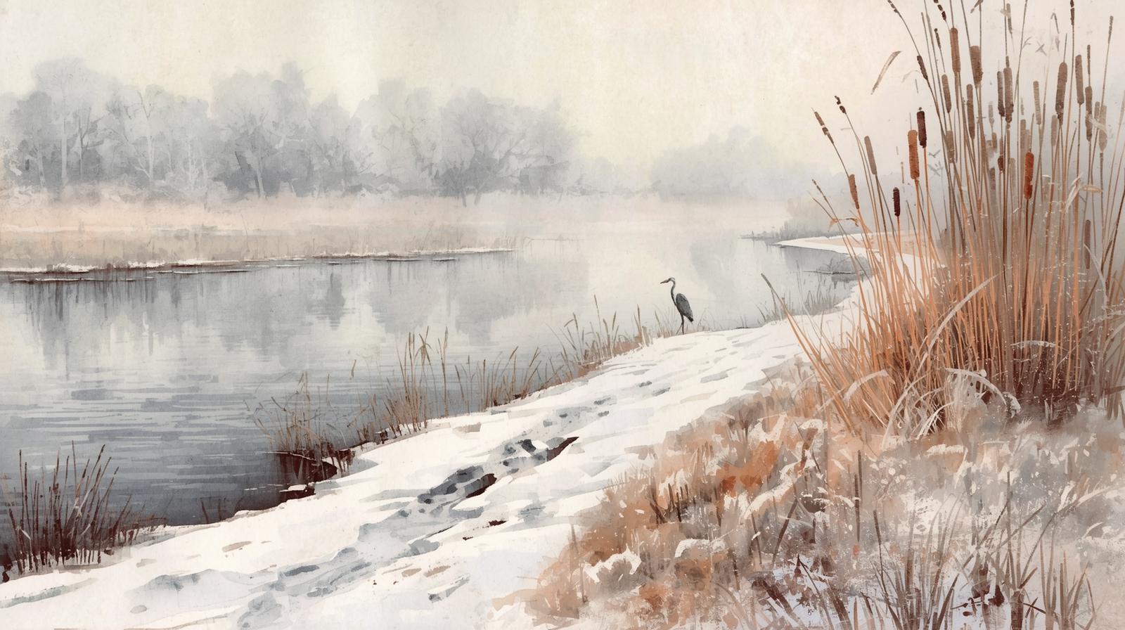 A soft watercolor scene of a quiet North Shore marsh in winter, with a snowy footpath curving along a frozen riverbank. Tall cattails frame the foreground, while a solitary heron stands near the water’s edge. Misty trees fade into the background, creating a peaceful, serene atmosphere after the first snowfall.
