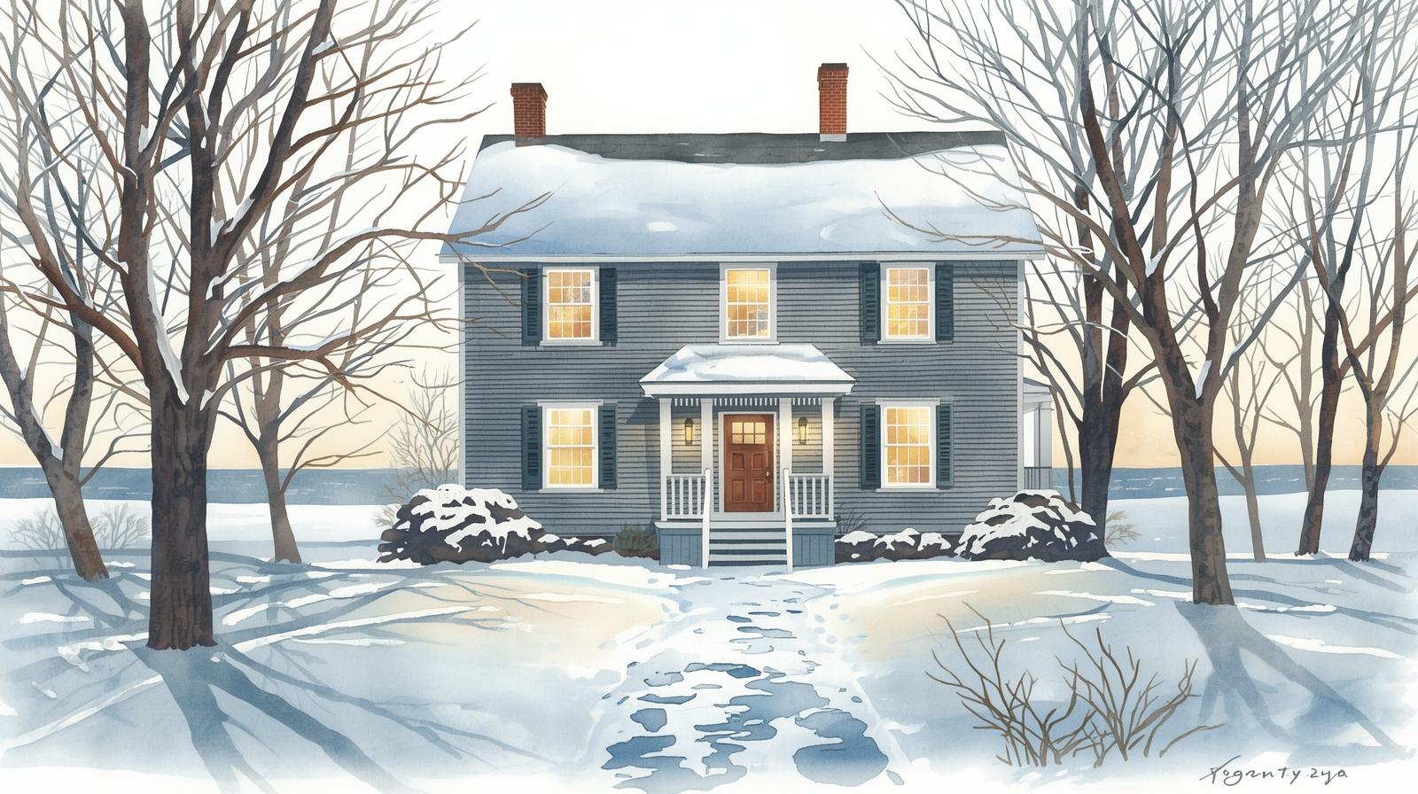 Watercolor illustration of a classic North Shore Massachusetts colonial home in winter, with clapboard siding, lit windows, bare trees, and fresh snow covering the yard, creating a calm and welcoming seasonal scene.