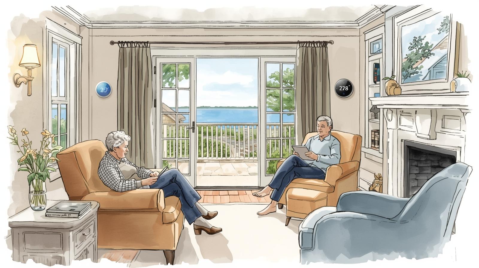 Watercolor-style illustration of a relaxed North Shore Massachusetts coastal living room, showing an older couple comfortably seated and using tablets, with soft natural light, classic New England details, subtle smart home features, and a balcony view toward the water—representing aging in place with comfort and peace of mind.