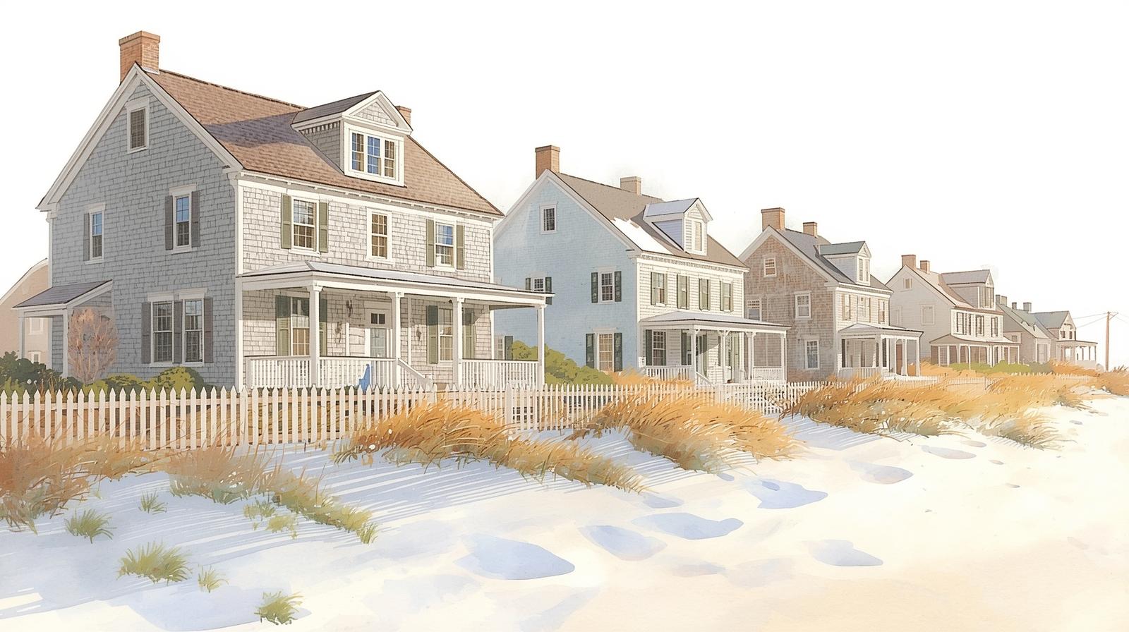 A soft, elegant watercolor illustration of a classic North Shore Massachusetts coastal neighborhood, featuring a row of timeless shingle-style homes with pitched roofs, front porches, and white picket fences. The scene is set in gentle winter light, with soft snow on the ground and warm, golden sunlight reflecting off the homes. Tall beach grasses sway lightly along the edge of the street, and the overall mood feels peaceful, refined, and enduring. Muted coastal tones—warm grays, soft blues, sandy neutrals, and hints of winter gold—create a calm, welcoming atmosphere that reflects long-term living, community pride, and the quiet beauty of Ipswich’s coastal lifestyle. Painted in a loose, airy watercolor style with soft edges, subtle texture, and natural light.