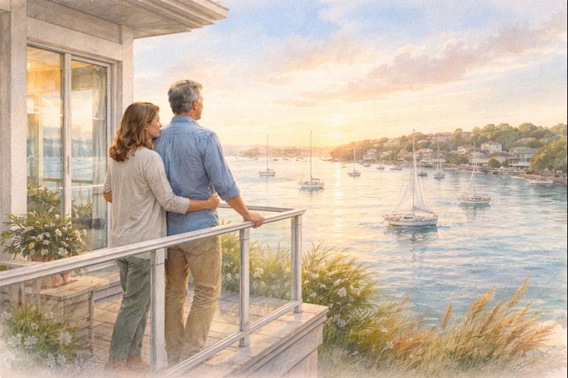 Watercolor-style illustration of a couple standing on a balcony overlooking Beverly Harbor at golden hour, with sailboats on calm water and classic North Shore coastal homes in the background, symbolizing downsizing, freedom, and peaceful coastal living in Massachusetts.