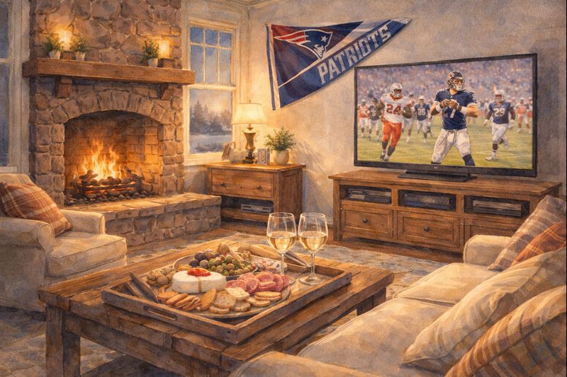 Watercolor illustration of a cozy high-end North Shore living room with a stone fireplace, rustic coffee table with snacks, a New England Patriots banner on the wall, and a large television showing a football game.