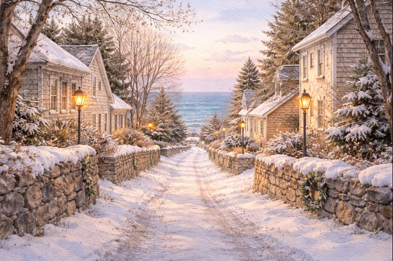Watercolor illustration of a quiet winter street in Rockport’s South End with granite stone walls, tree-lined homes, and a view toward the blue Atlantic Ocean.
