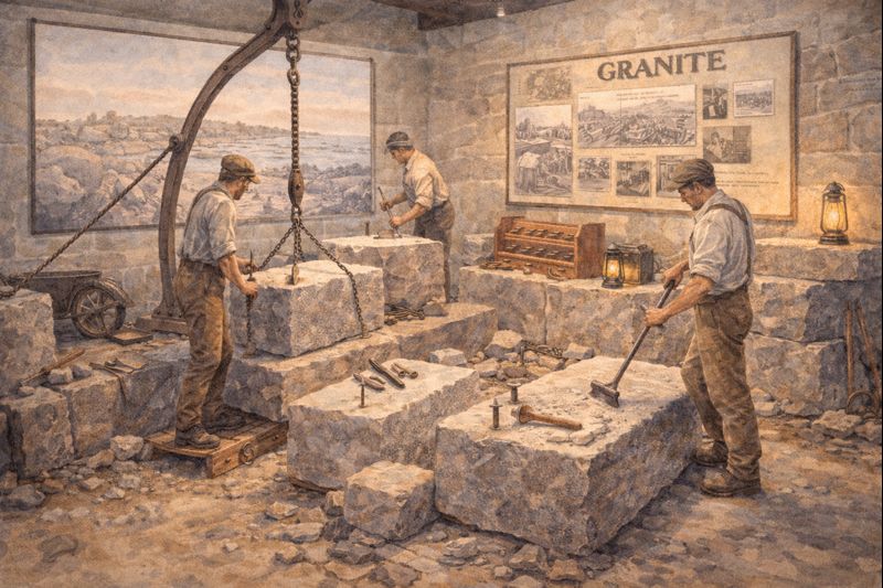 Watercolor illustration of historic granite workers shaping rough stone blocks at a Cape Ann Museum exhibit in Gloucester, Massachusetts, highlighting the region’s quarrying heritage.