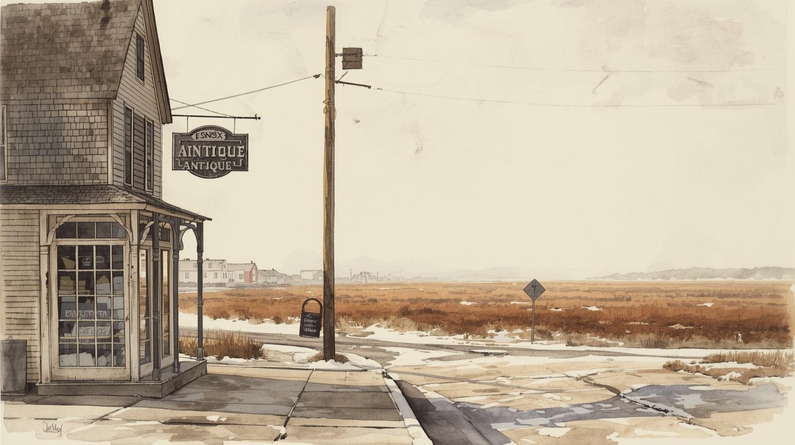 Watercolor illustration of a classic Essex, Massachusetts scene featuring an antique shop storefront with a hanging sign, quiet roadside, and expansive salt marsh in the distance under soft, hazy winter morning light.