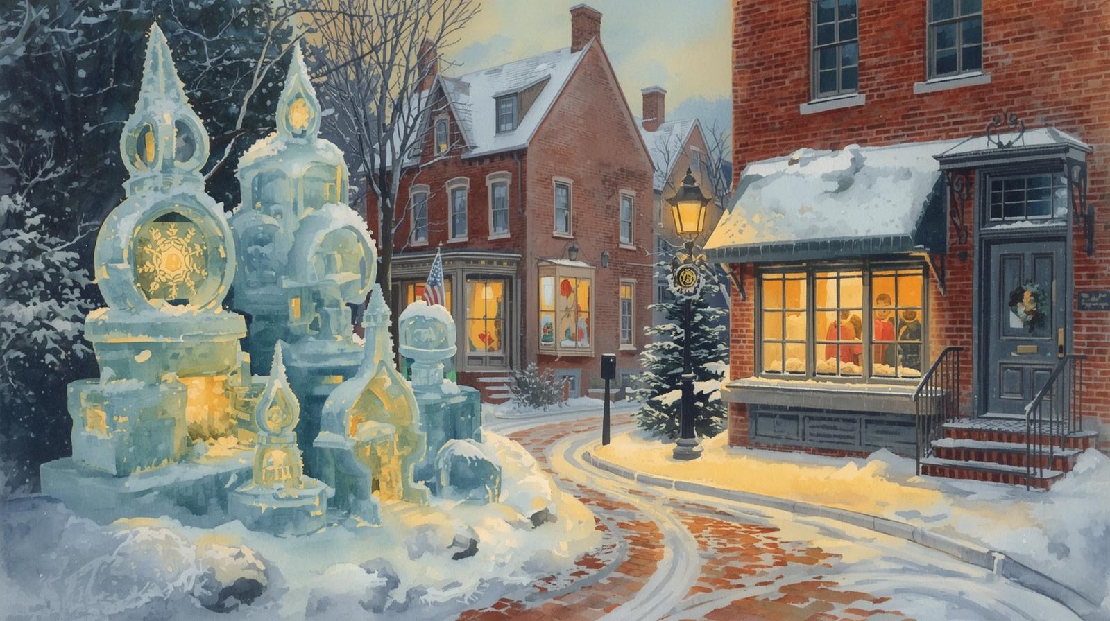 Watercolor painting of illuminated ice sculptures in downtown Salem, MA during the So Sweet festival.