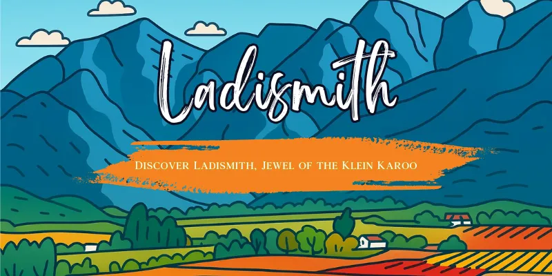 Illustrated landscape of Ladismith in the Klein Karoo with mountains, farmland and the text Discover Ladismith, Jewel of the Klein Karoo.