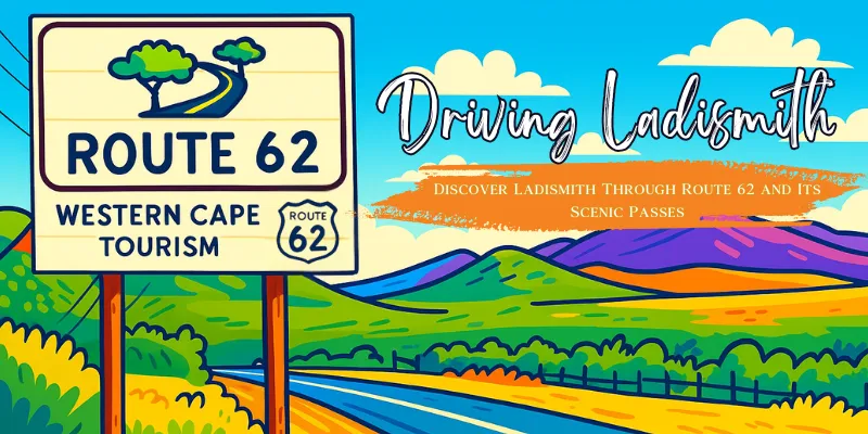 llustrated Route 62 road sign with colourful Klein Karoo landscape, featuring the blog title Driving Ladismith and subtitle Discover Ladismith through Route 62 and its scenic passes.