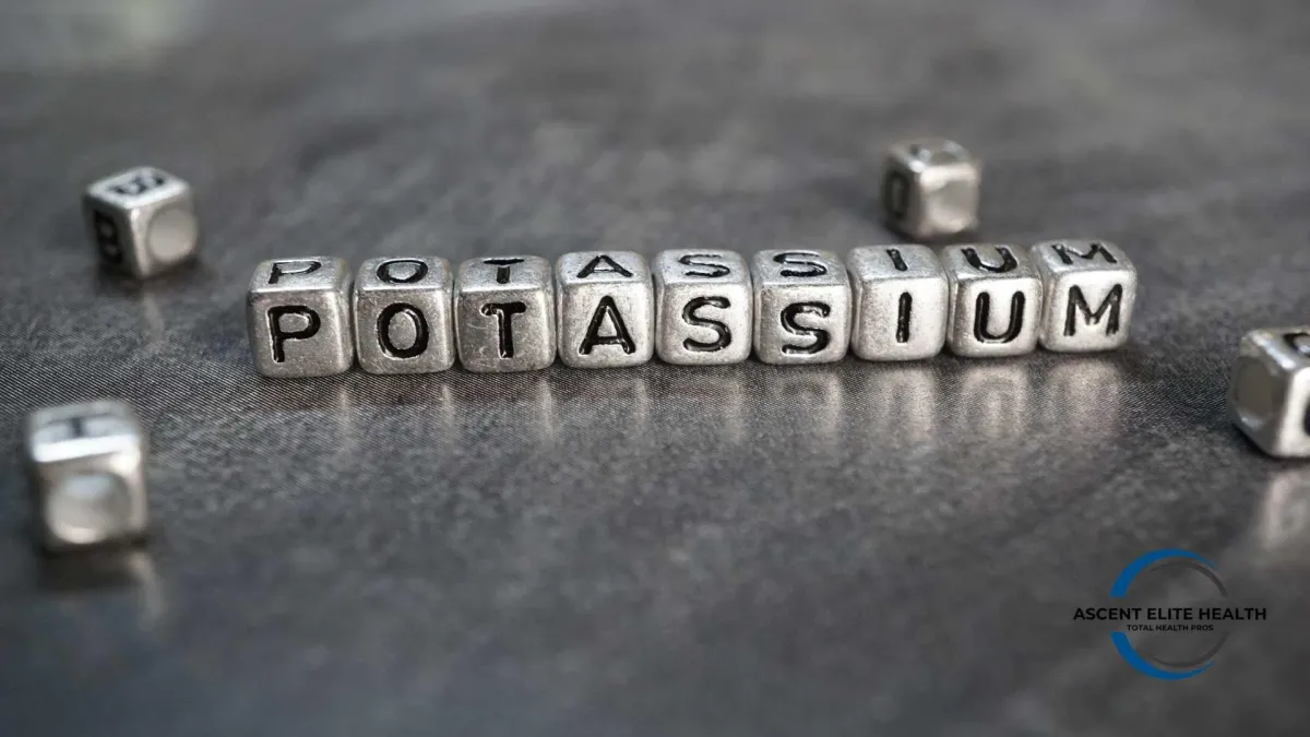 the word "potassium" spelled out with metal blocks.