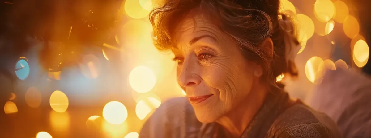 Serene mature woman in her 50s, smiling softly with a contemplative expression, surrounded by warm golden bokeh lights in a cozy, ambient setting