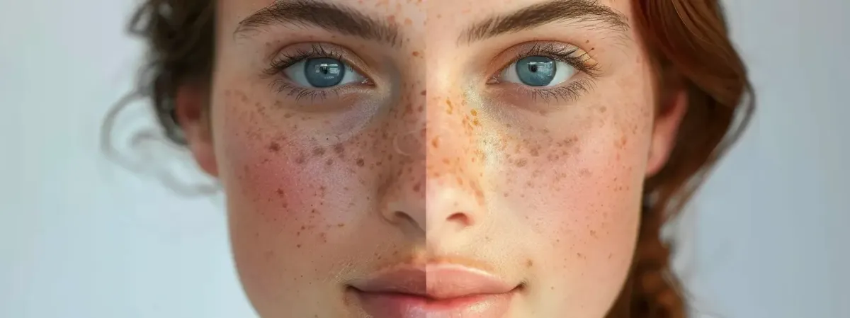 Close-up of a woman's face with clear blue eyes, natural freckles, and radiant skin showing a comparison of skincare treatment on each side. The left side reveals enhanced glow and smoother complexion, highlighting the effectiveness of skincare products for achieving a fresh and youthful look.
