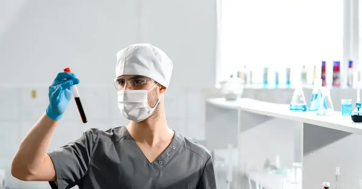 A lab technician wearing a mask, gloves, and protective cap examines a vial of blood in a laboratory with glassware in the background.