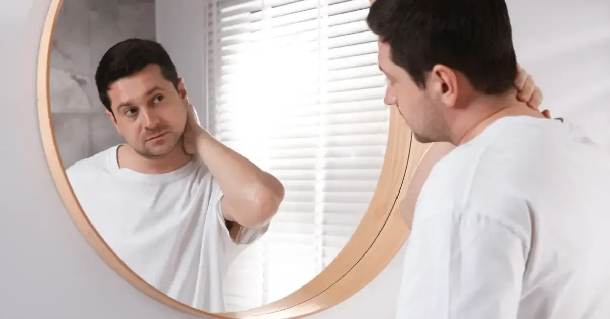 A man in a white T-shirt looks at himself in a round bathroom mirror, rubbing the back of his neck with a worried expression.