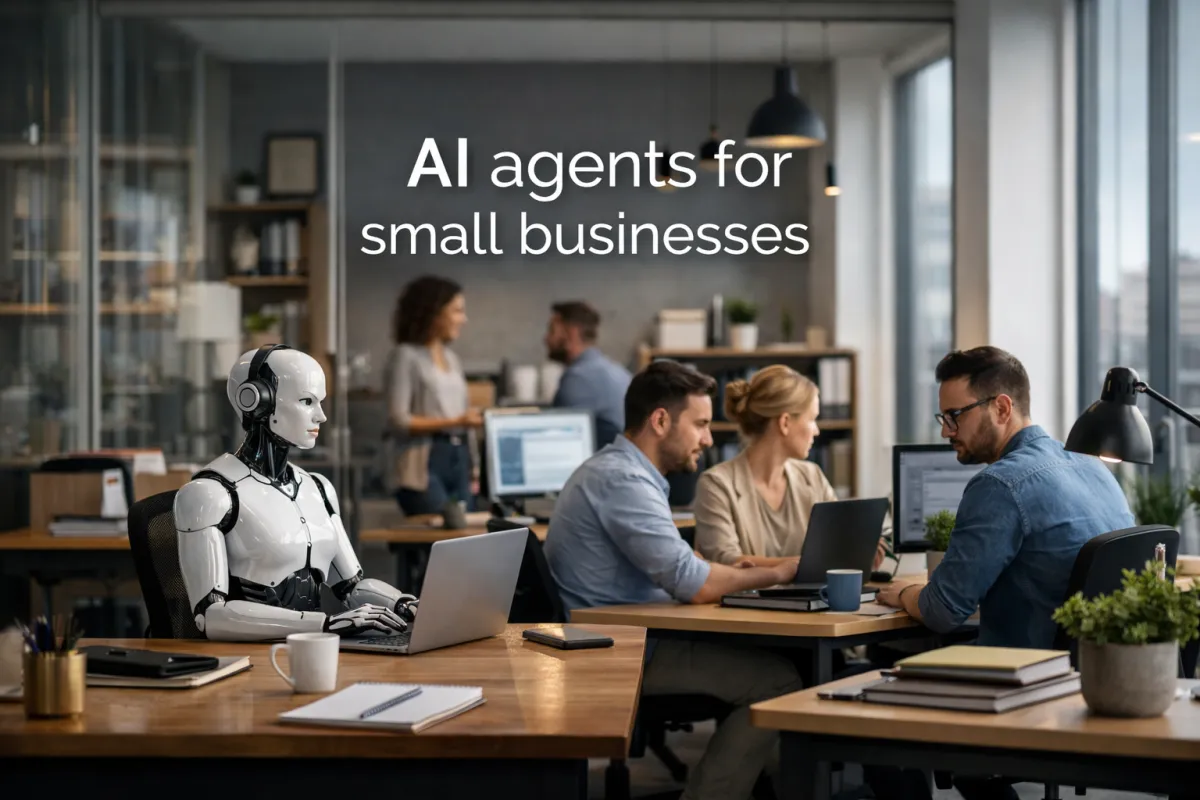 High-resolution, photorealistic modern office interior with clean lines and natural light, featuring the text “AI agents for small businesses” in Raleway font displayed prominently in the workspace.