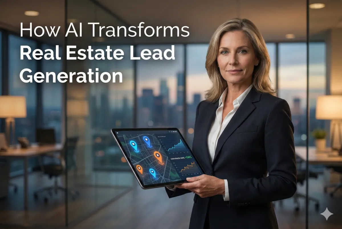 Photorealistic image of a real estate professional using AI technology for lead generation and conversion analytics by Big Thinking Agent.