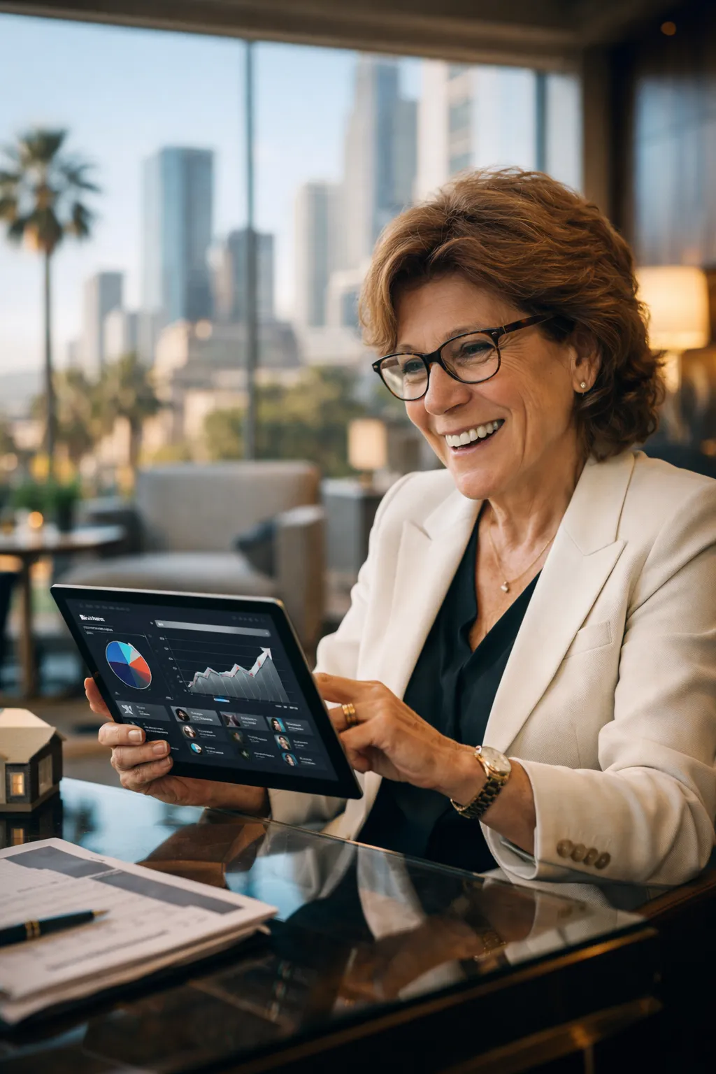 Confident real estate professional in a modern Los Angeles office reviewing AI-driven workflows and performance analytics on a digital tablet, illuminated by warm natural light.