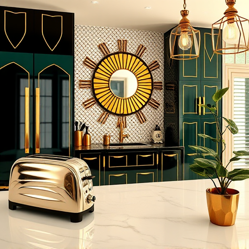 A vibrant, intricately designed eco-friendly kitchen remodel in San Dimas, California, inspired by Pre-Columbian art and Mesoamerican motifs. The scene features angular, stylized geometric patterns on walls and surfaces, with handcrafted clay pots decorated with carvings, lush green plants in woven baskets, and bamboo countertops that imitate natural textures. A central sun motif with radiating geometric lines in earthy terracotta, moss green, and deep ochre symbolizes energy and renewal. Open archways reveal a lush California landscape with stylized cacti, desert blooms, and rolling hills under a clear blue sky, blending nature with the interior. Quirky details include a jaguar stamp motif on a woven tablecloth and a side shelf displaying minimalist, abstract sculptures resembling ancient artifacts that serve as modern kitchen tools. The overall atmosphere is inviting and peaceful, combining tradition and innovation with bold lines, stylized forms, and warm earthy tones that evoke rootedness and vitality, ideal for a blog celebrating sustainable, culturally inspired home renovations.