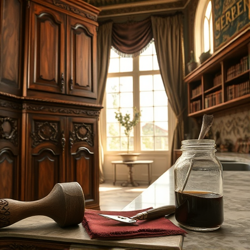 A Renaissance-inspired painting depicting a custom-designed kitchen in La Verne, California. The scene features ornately carved wooden cabinets and countertops made of rich oak and marble, set within a classical interior illuminated by soft, natural light from a large arched window overlooking a lush garden with vibrant greenery and blooming roses. Elegant, patterned tile floors reflect Renaissance mosaic styles, enhancing the grandeur. Playful cherubs or whimsical mice dressed in Renaissance attire engage in humorous activities such as arranging tiny utensils and inspecting miniature cookbooks, adding charm and personality. Classical columns, decorative friezes, and hanging lantern-style lights evoke historical elegance, while the warm color palette of ochres, golds, reds, and greens creates an inviting and sophisticated atmosphere. This artwork blends artistic craftsmanship with playful elements, highlighting bespoke kitchen design and high-quality craftsmanship.