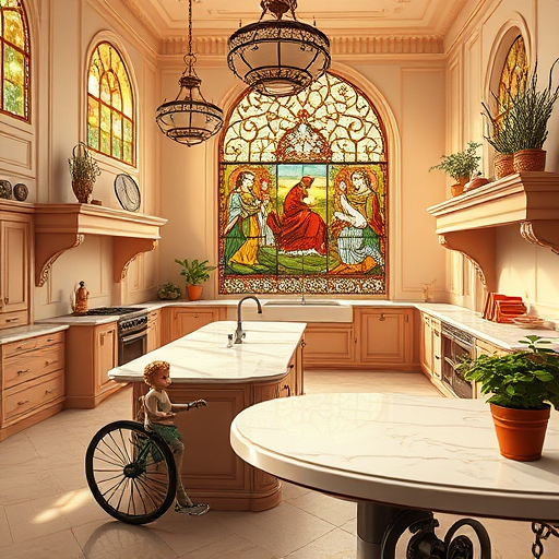 A modern, minimalist kitchen featuring sleek, clean-lined cabinetry with subtle handle details. The streamlined island has a smooth marble countertop in soft whites and warm beige tones, complemented by stainless-steel appliances that reflect natural light. An expansive window in the background reveals lush greenery and California sunshine, adding warmth to the scene. A whimsical potted succulent with exaggerated leaves sits atop the countertop, adding playful personality. The light wood flooring and neutral color palette of natural whites, browns, and muted greens create an open, inviting, and tranquil atmosphere. Soft shadows and gradient shading enhance the minimalist art style, capturing the essence of stylish, high-quality kitchen renovations in a sunny California setting.