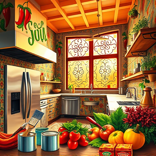 A vibrant modern kitchen designed in the SocialRealism style, featuring sleek minimalist cabinetry in warm earthy tones like terracotta, deep olive, and soft beige, complemented by colorful accents such as mustard yellow and pastel teal. The large open kitchen island has a rustic wooden countertop and serves as the focal point. Quirky details include a vintage-style retro car-shaped toaster, a whimsical succulent plant arrangement in geometric pots, and a hanging utensil rack with colorful utensils arranged playfully. The spacious, well-lit environment showcases large windows revealing a lively urban cityscape with rooftop gardens and hanging planters, adding an eco-friendly vibe. The scene exudes calm productivity with ambient lighting, textured walls, and handcrafted elements. Subtle human activity suggests a functional, joyful kitchen space that blends practicality with artistic charm, emphasizing modern design, creative details, and sustainable urban living.