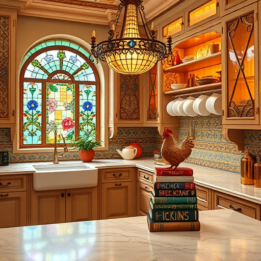 An abstract, expressive artwork depicting kitchen cabinets being refinished in Tachisme style. Bold, swirling patches of navy blue, burnt orange, cream, and metallic gold evoke transformation and renewal. Loose, gestural shapes suggest cabinetry with textured brushstrokes that imply wood grains and hardware, conveying movement and creativity. Playful paint splashes and drips add energy and a handcrafted feel. The background features a blurred kitchen scene with hints of countertops, a kettle, and hanging tools, rendered with energetic brushwork to create a cozy, artistic atmosphere. The vibrant color palette and spontaneous brushwork emphasize craftsmanship, freshness, and artistic freedom, making this image ideal for a home improvement blog with a creative touch.