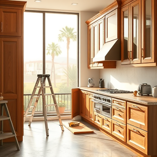 A luxurious Baroque-style kitchen interior in Riverside, California, featuring ornate golden marble countertops and elaborately carved wood cabinets decorated with baroque flourishes. The space is illuminated by a large vintage bronze chandelier casting warm light. Playful details include tiny cherubs holding cooking utensils and swirling vine patterns framing the cabinetry. Grand arched windows reveal a lush Riverside garden, with elegant swirling drapes enhancing the view. Antique-style kitchen tools such as pepper mills and ornate spatulas are displayed on open shelves, emphasizing craftsmanship. The color palette includes rich golds, deep greens, warm browns, blush pinks, and creams, creating an atmosphere of opulence and warmth. Artistic shadowing and intricate patterns evoke a dynamic, textured visual that combines sophistication with a playful, theatrical flair, highlighting high-end kitchen renovations with timeless elegance.