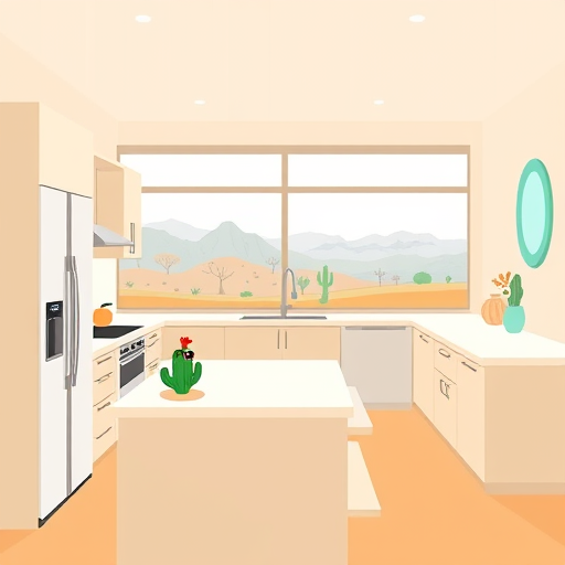 A vibrant neo-expressionist artwork depicting an eco-friendly kitchen remodel in Pomona, California. The scene features a reclaimed wood kitchen island with dynamic, sweeping lines emphasizing its organic shape. Bright, leafy green plants in hanging planters and indoor gardens add a lively, playful touch, symbolizing growth and sustainability. Behind, whimsical solar panels reflect swirling sky patterns in energetic strokes of blue and orange under a warm California sun. The background showcases Pomona's iconic palm trees with expressive, swirling shapes and a stylized cityscape of abstracted geometric buildings. A cluster of vintage, upcycled kitchen gadgets—such as a cheerful giant kettle and oversized utensils—highlight creativity and resourcefulness. The composition is lively and optimistic, using splashes of fiery reds, lush greens, and sunny yellows to evoke warmth, freshness, and enthusiasm. Gestural textured strokes blend natural elements with modern design, capturing energy, personality, and an eco-conscious charm ideal for celebrating sustainable kitchen renovations in Pomona.