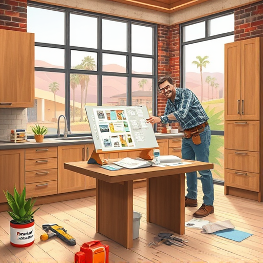 Hyperrealistic depiction of a custom kitchen in Pomona, California, featuring modern elegance and artisanal charm. The spacious, sunlit kitchen showcases large windows with views of palm trees, rolling hills, and distant mountains bathed in golden-hour light. The central island has a poured concrete countertop with swirling patterns, complemented by brushed gold fixtures and retro-style pendant lights. Open wooden shelves display colorful ceramic dishes, potted succulents, and vintage kitchen tools, adding personality. The cabinetry combines matte charcoal gray with reclaimed wood accents for an eco-conscious aesthetic. A rustic chalkboard wall features handwritten notes and doodles about recipes, contrasting playfully with sleek surfaces. The backsplash consists of hand-cut, earthy-toned mosaic tiles inspired by California decor. Small details include a vintage kettle, artisanal bread stack, and a quirky cactus-shaped utensil holder. The warm, inviting atmosphere blends hues of tans, browns, and muted greens with vibrant decor accents, capturing textures of gleaming surfaces, rough wood, intricate tiles, and fresh vegetables, highlighting craftsmanship and playful personality in a bespoke Pomona kitchen.